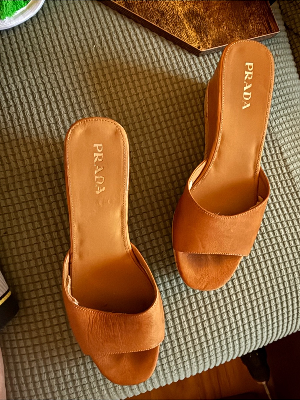 Prada 38.5 / 8.5 Tan Cognac Leather Cork Platform Wedge Slide Mules